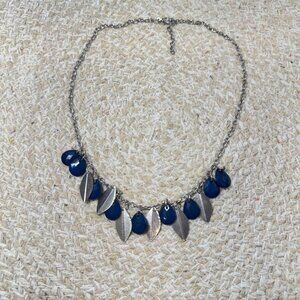 Blue Statement Necklace with Silver Leaf Charms | Adjustable Chain